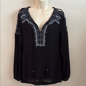 Embroidered Black Peasant Boho Blouse with Blue Accents with shoulder cut-outs